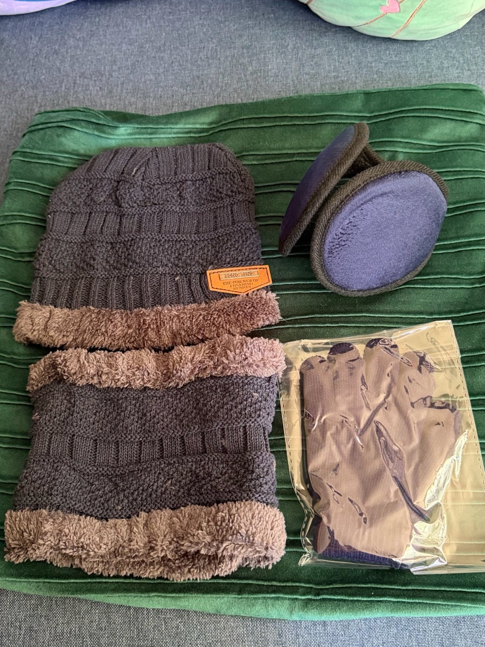 Blue Knit Winter Hat and Neck Warmer Set with Brown Faux Fur Trim